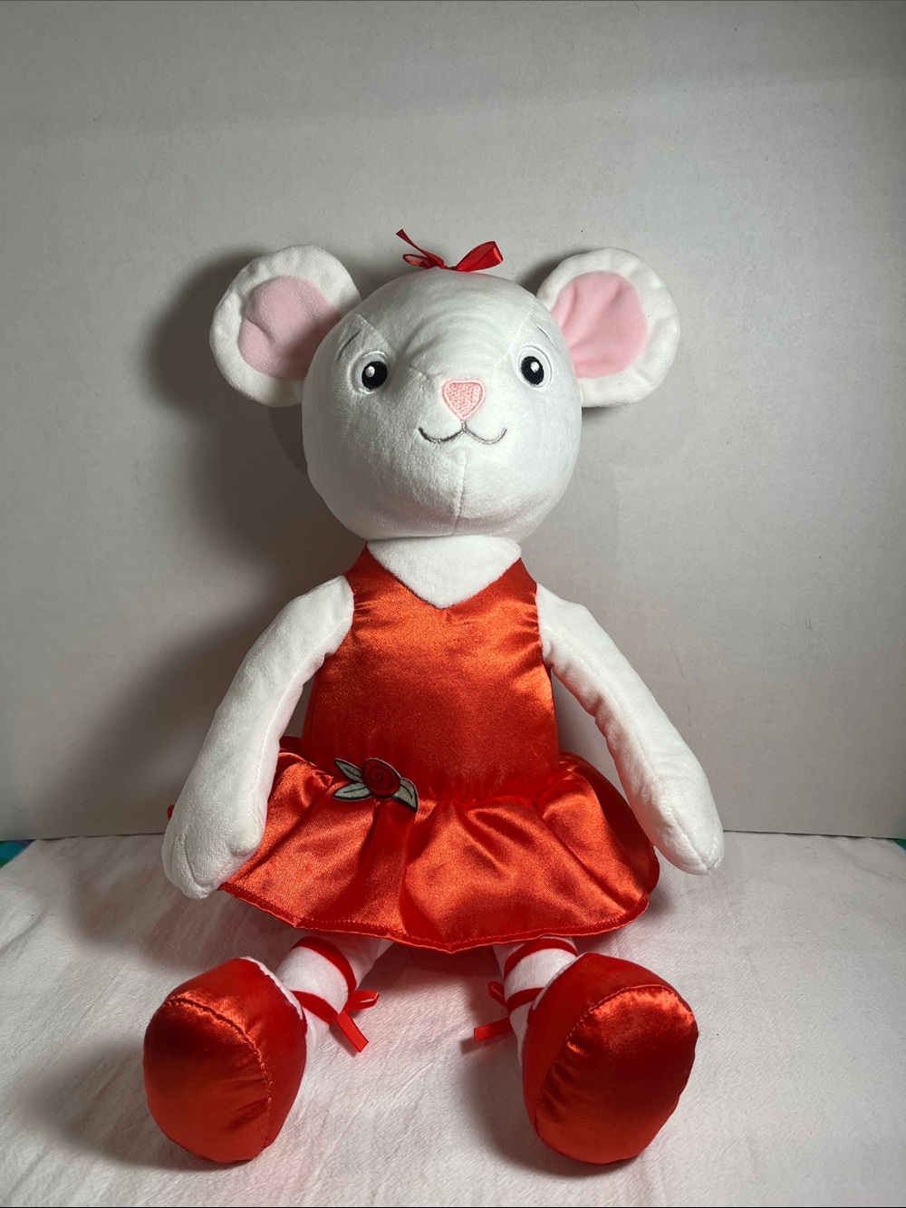 White Mouse Plush Doll in Red Satin Dress - Kids Toy